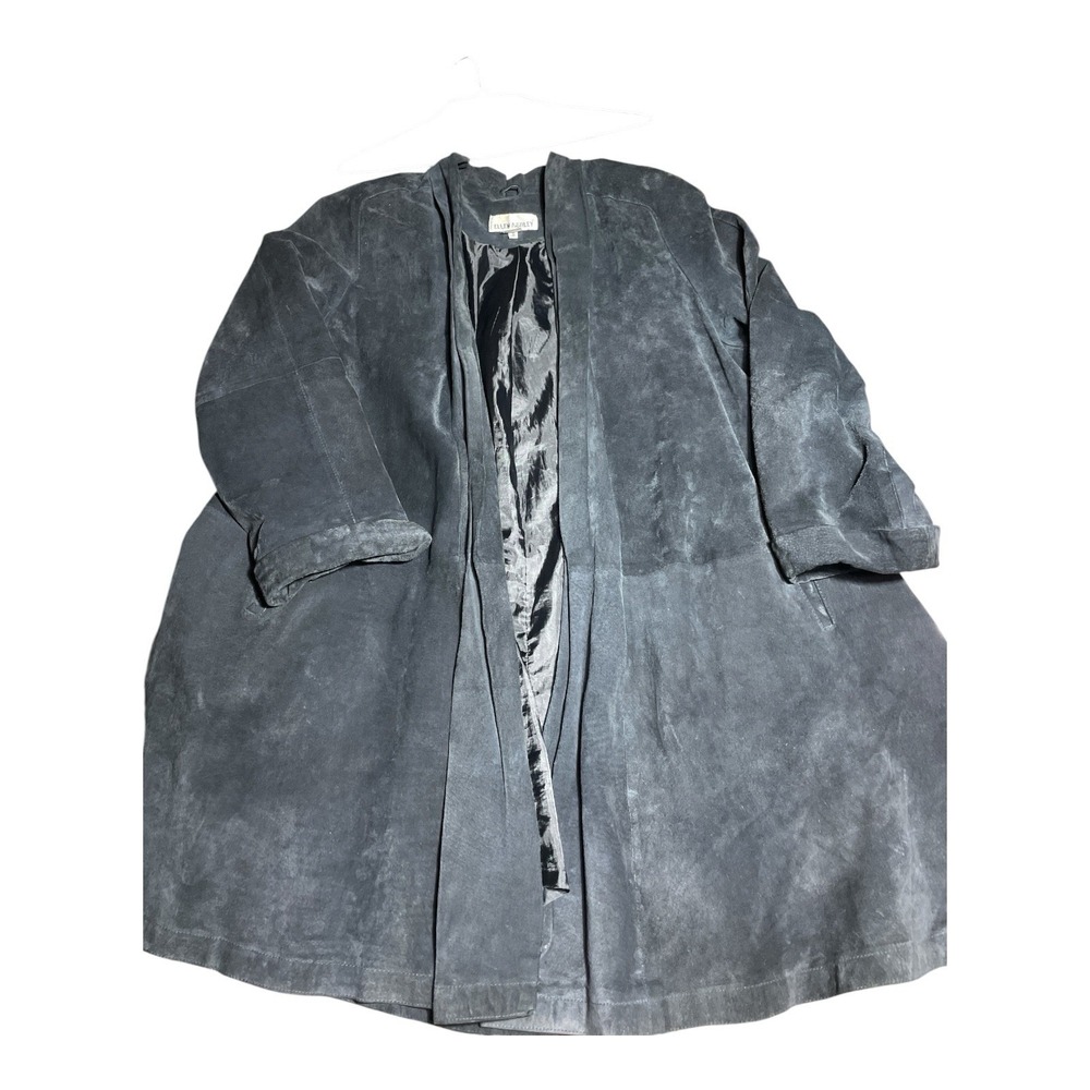Ellen Ashley Black Genuine Leather Suede Open Swing Coat L